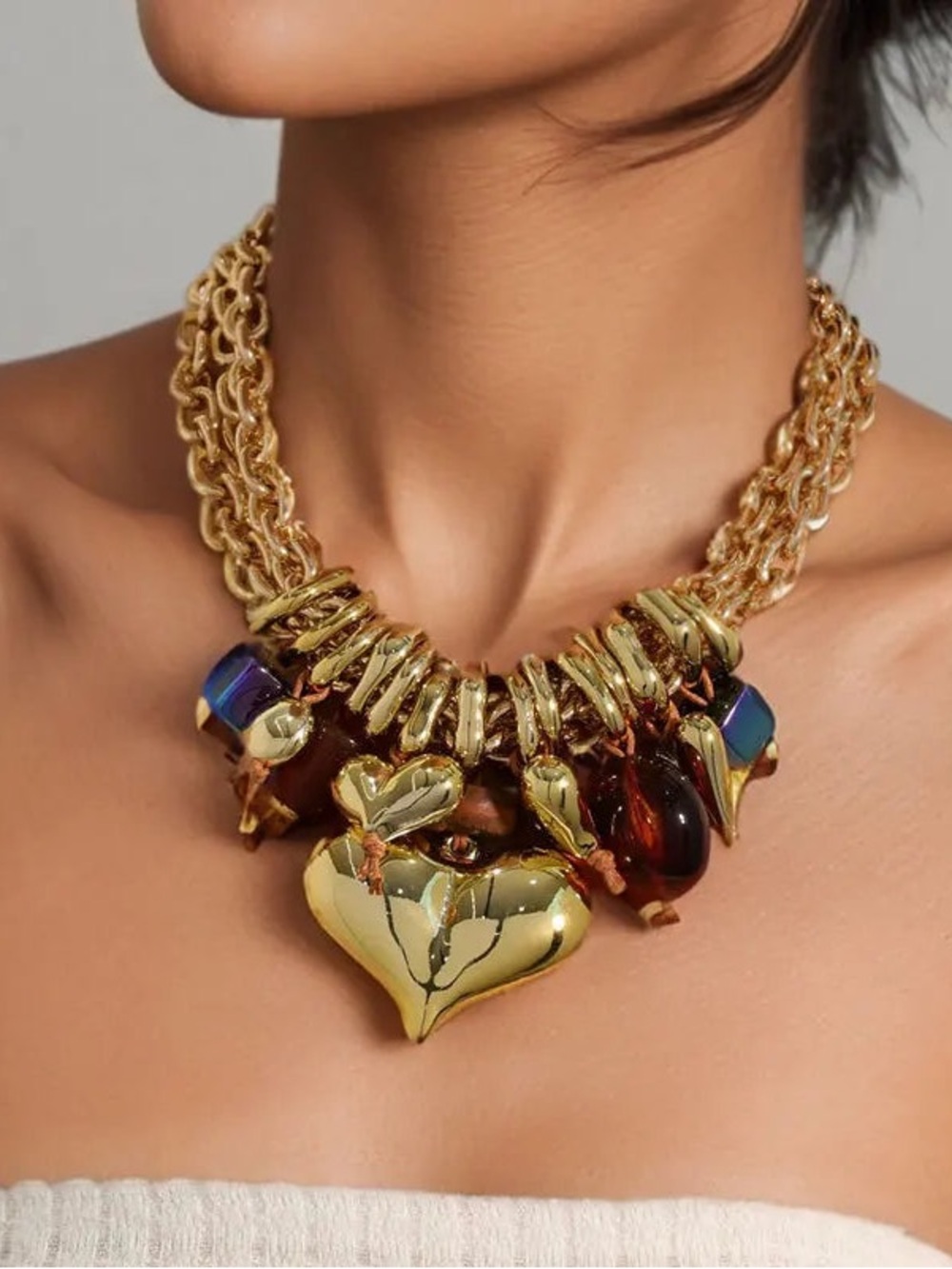 Gold Heart Charm Statement Necklace with Amber Accents - Women Jewelry